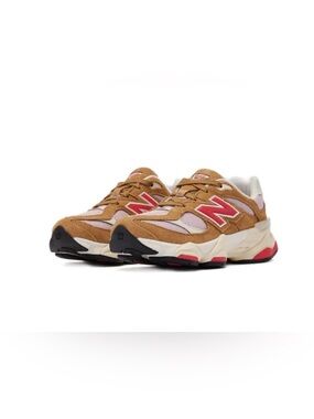 New Balance Tan Suede and Pink Mesh Sneakers with Red Logo
